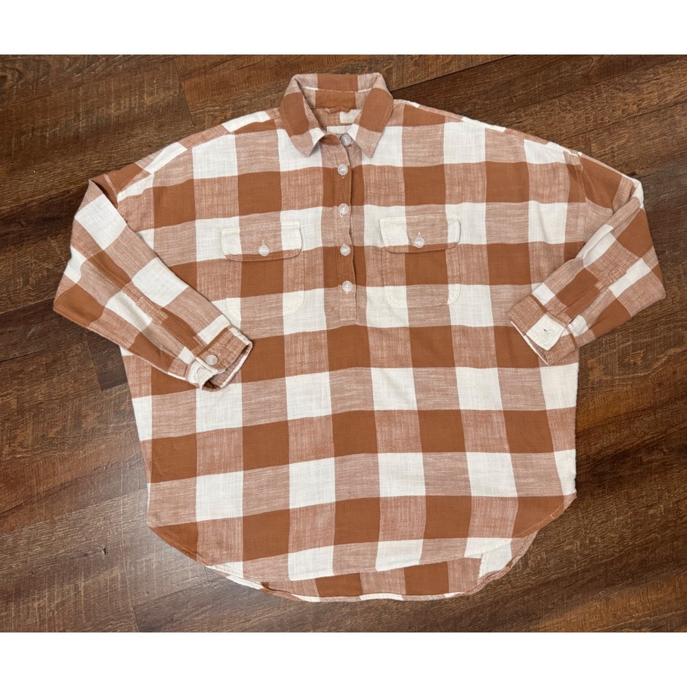 American Eagle Oversized Plaid Popover Shirt Large Brown Cream Cotton